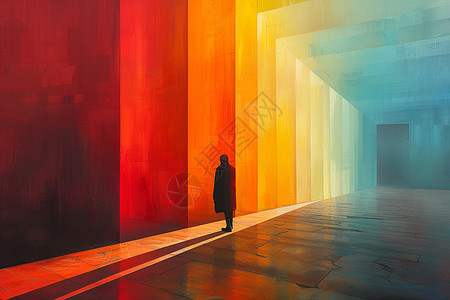 红墙走廊一个男人站在彩虹屋插画