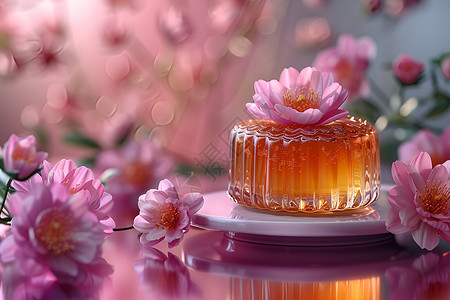玻璃月饼盒上的粉色花朵背景图片