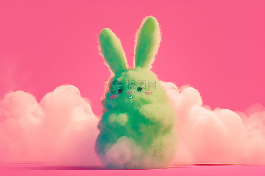 坐在烟云上的绿色兔子图片