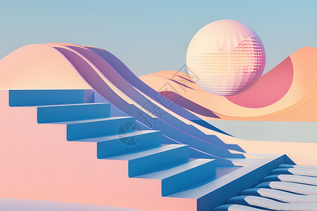 球天天空中有一颗沙滩球楼梯通向天空中的舞会背景是粉蓝色和粉红色插画
