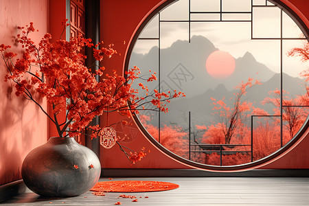 中国风房间里的大肚花瓶背景图片