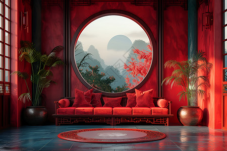 红色中国风房间背景图片