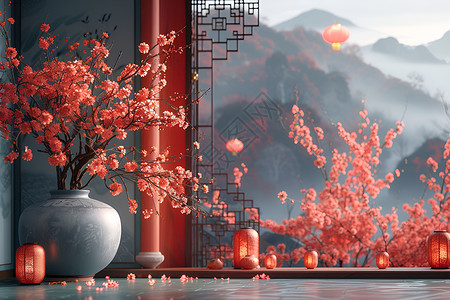 中式房间里的红花高清图片