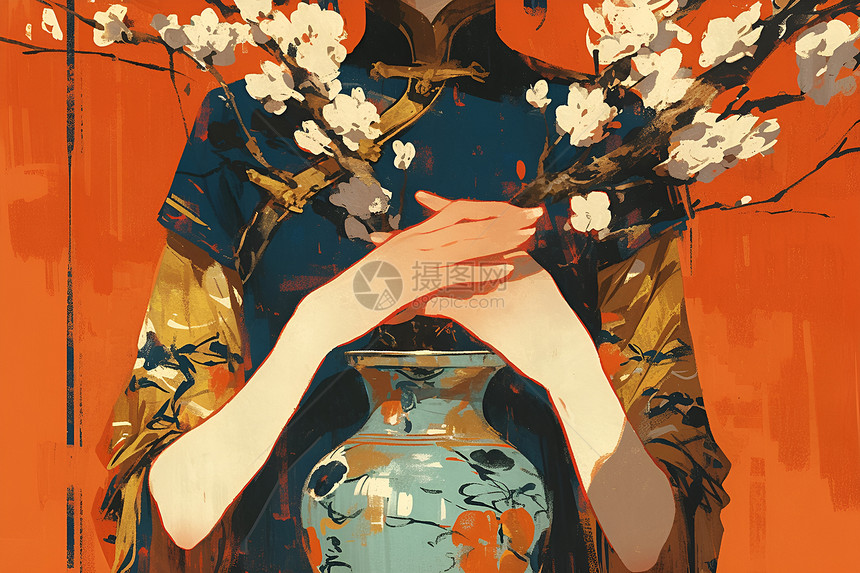 花瓶与白梅花艺术图片