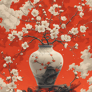 红墙前的白梅花瓶背景图片