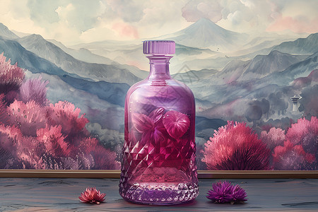 紫色玻璃花瓶放在山景画前高清图片