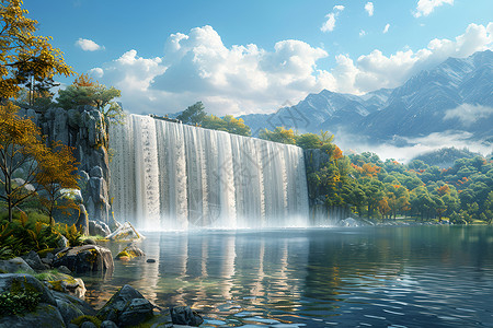 古东森林瀑布大坝上的瀑布插画