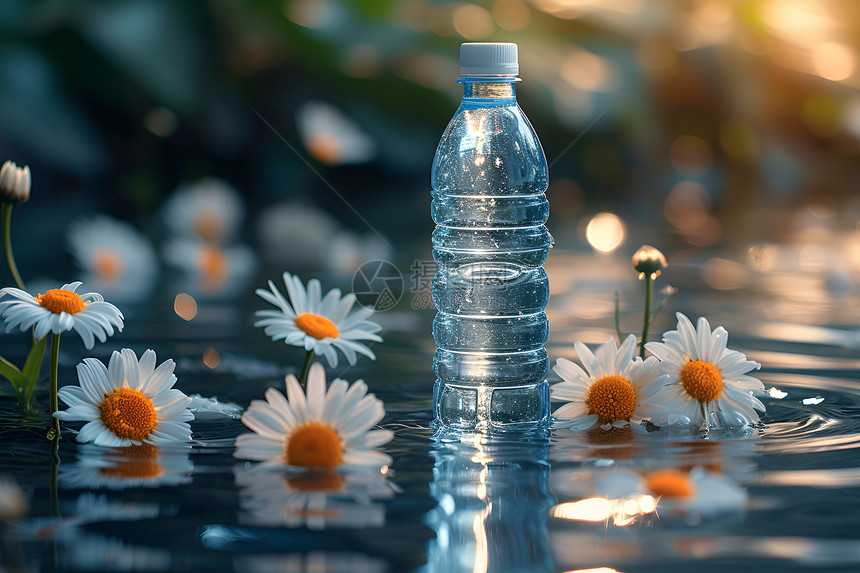 水中漂浮的水瓶与花朵图片