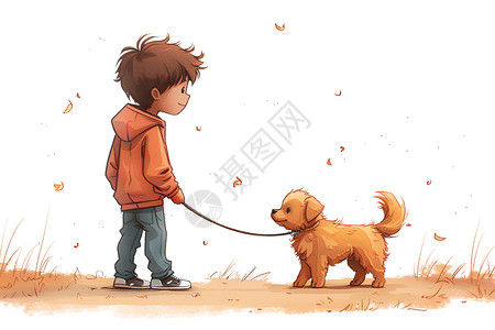 散步狗狗少年牵着狗站在草地上插画