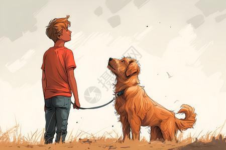 散步男孩少年领着狗在草地上插画