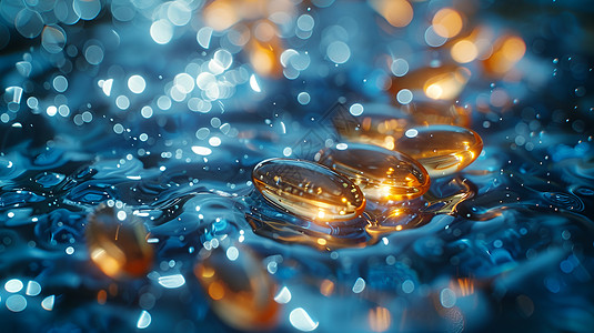 舒缓修护金光闪耀水中漂浮的药丸设计图片