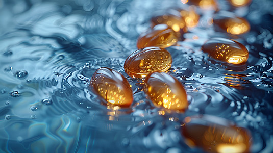 鱼油胶囊蓝色水中漂浮的药丸设计图片
