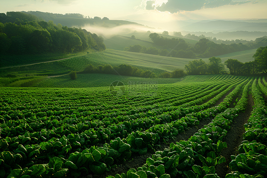 广袤的菠菜田景色金黄温暖的阳光下展现出来这张全景照片展示了菠菜农场的规模和美丽呈现了农业与周围环境之间的和谐图片