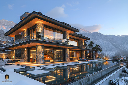 冬日现代山间住宅背景图片