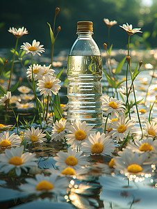 洋甘菊背景漂浮的水瓶和花朵设计图片