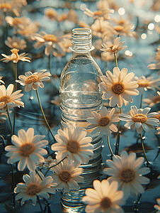 花朵包围洋甘菊包围的瓶子设计图片