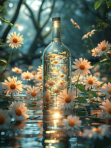 洋甘菊花漂浮着洋甘菊的水瓶设计图片