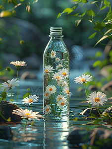 洋甘菊背景水瓶上面漂浮着雏菊设计图片
