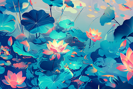莲叶和莲花盛开湖面的盛开莲花插画