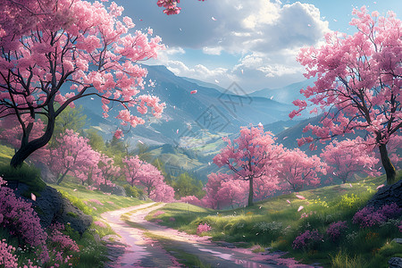 春日浪漫樱花盛放的乡村小路背景图片