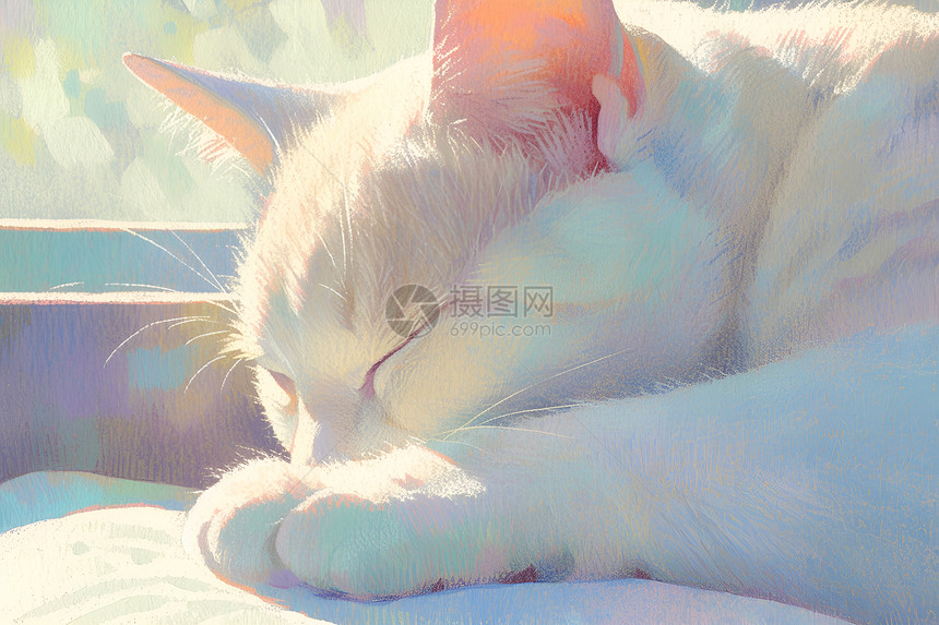 沉睡的白猫图片