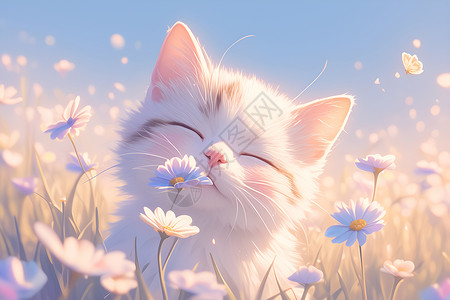 蓝白英短猫猫咪与花海插画