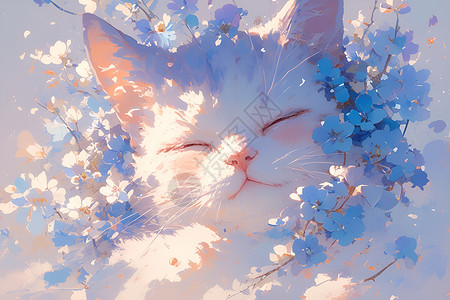 蓝白英短猫梦幻猫咪与绚丽花海插画