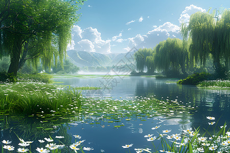 春日宁静池塘边的柳树高清图片