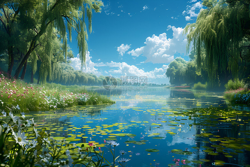 静谧乡村的池塘图片