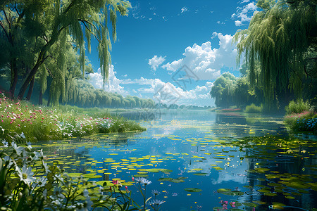 森林环境静谧乡村的池塘插画