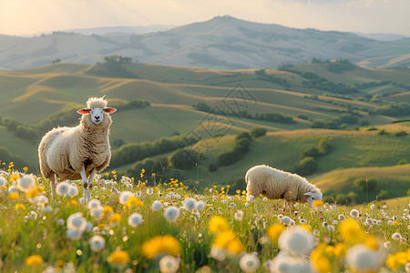 绵阳卡通田园风光中的两只绵羊背景