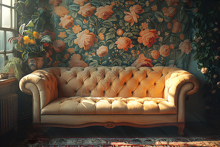 复古花卉的墙纸和沙发高清图片