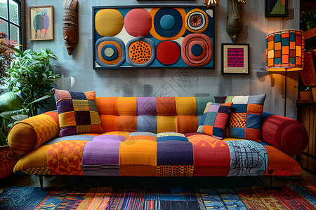色彩缤纷的花纹布沙发背景图片