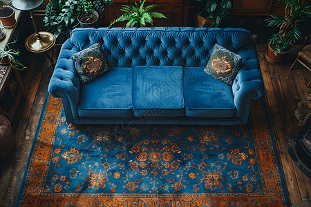 蓝色沙发在温馨复古房间里背景图片