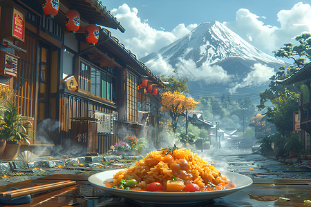 温馨日式餐厅香辣咖喱饭与丰盛泡菜暖意沁人背景图片