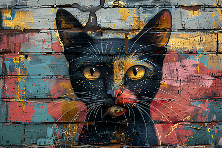 猫咪在砖墙上的涂鸦艺术背景图片