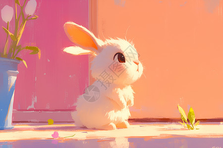 素材棉背景粉色背景下的棉小兔子插画