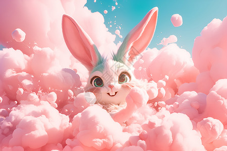 棉花云朵粉色云朵上的兔子插画