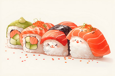 日料馆白色背景下的可爱寿司插画