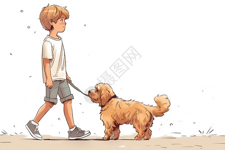 卡通男孩牵着宠物狗背景图片