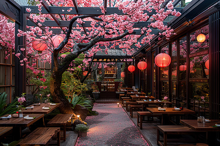 樱花美食花园中的餐厅背景