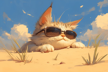 猫咪戴墨镜躺在沙滩上背景图片