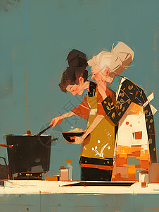 做饭的老人两位智慧的祖母做饭插画