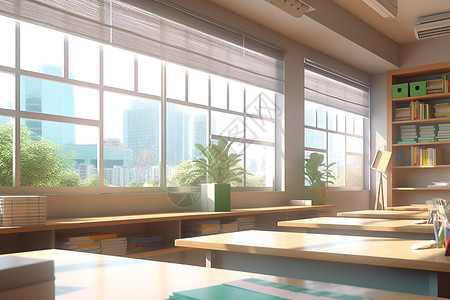 桌子阳光窗外的明亮的教室插画