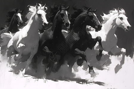 奔驰素材驰骋雪原上的马群插画