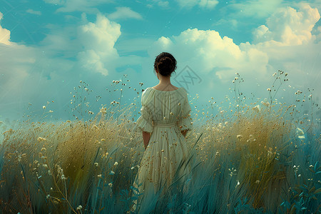 孤单女性撑伞的背影草地中的女子背影插画
