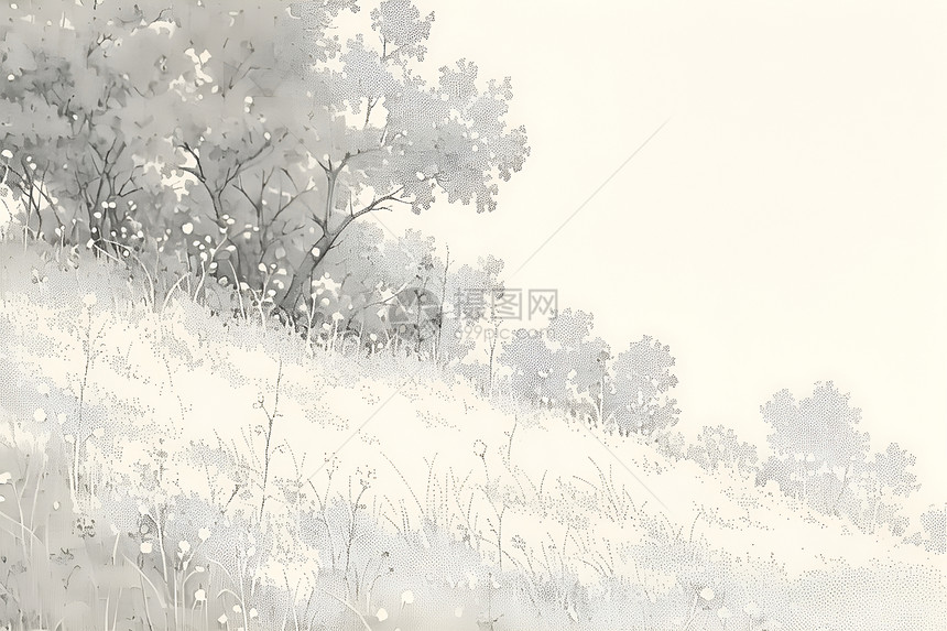 迷雾中户外的树木绘画图片