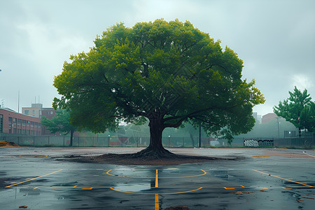 木叶子球场中央的大树插画