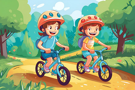 麻雀在公园里孩子在公园里骑自行车插画
