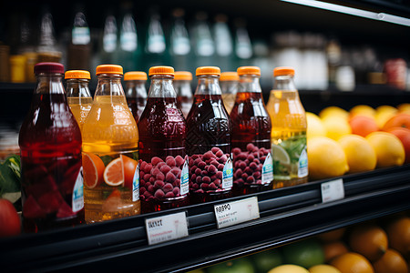 超市货架上的果汁高清图片